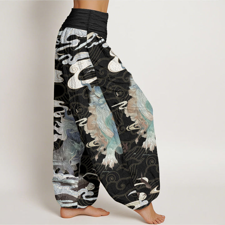 Pantaloni harem da donna in cotone puro con motivo a nuvole di buon auspicio e motivo a vita elastica, modello Buddha Stones PiXiu