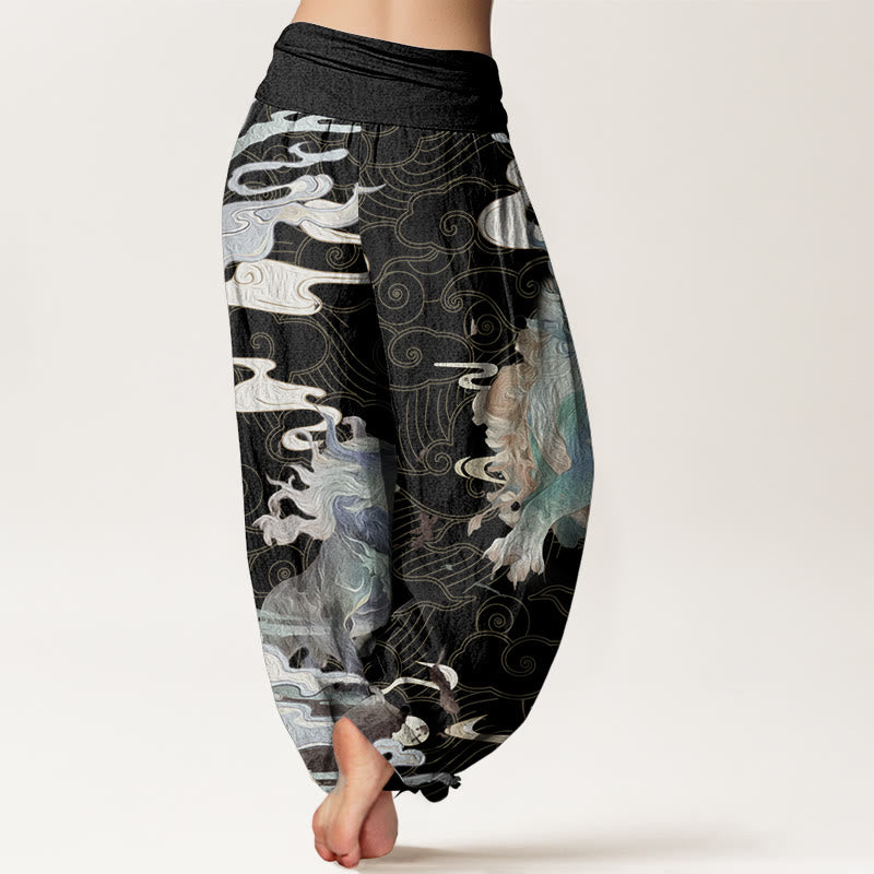 Pantaloni harem da donna in cotone puro con motivo a nuvole di buon auspicio e motivo a vita elastica, modello Buddha Stones PiXiu