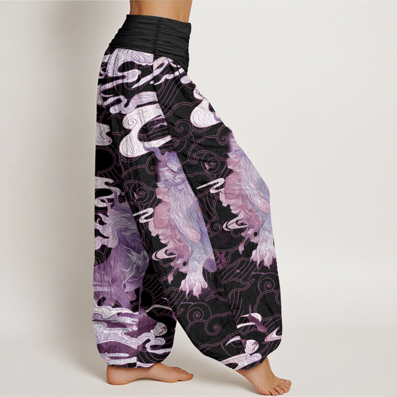Pantaloni harem da donna in cotone puro con motivo a nuvole di buon auspicio e motivo a vita elastica, modello Buddha Stones PiXiu