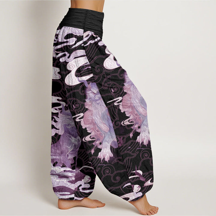 Pantaloni harem da donna in cotone puro con motivo a nuvole di buon auspicio e motivo a vita elastica, modello Buddha Stones PiXiu