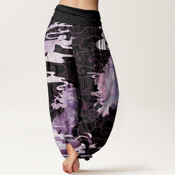 Pantaloni harem da donna in cotone puro con motivo a nuvole di buon auspicio e motivo a vita elastica, modello Buddha Stones PiXiu