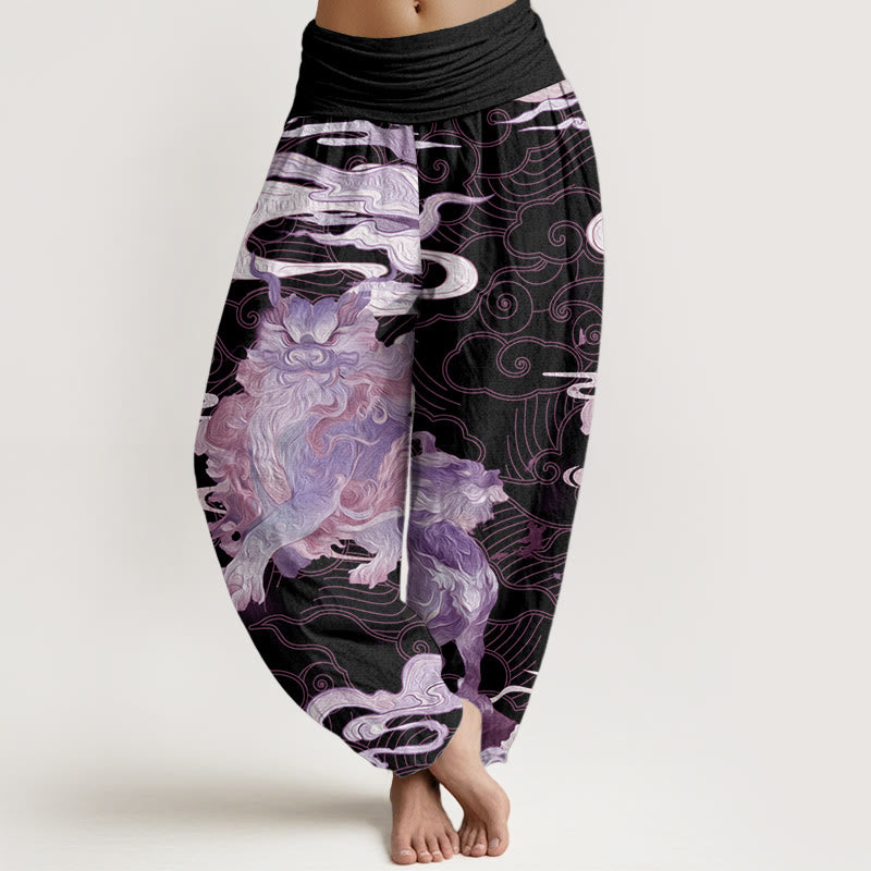 Pantaloni harem da donna in cotone puro con motivo a nuvole di buon auspicio e motivo a vita elastica, modello Buddha Stones PiXiu