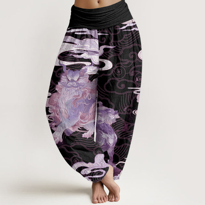 Pantaloni harem da donna in cotone puro con motivo a nuvole di buon auspicio e motivo a vita elastica, modello Buddha Stones PiXiu