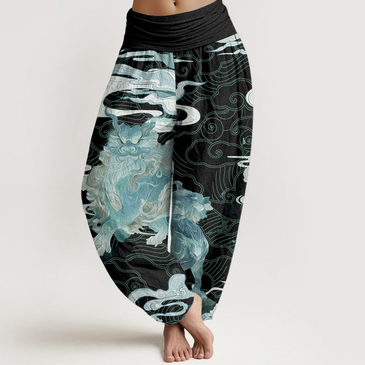 Pantaloni harem da donna in cotone puro con motivo a nuvole di buon auspicio e motivo a vita elastica, modello Buddha Stones PiXiu