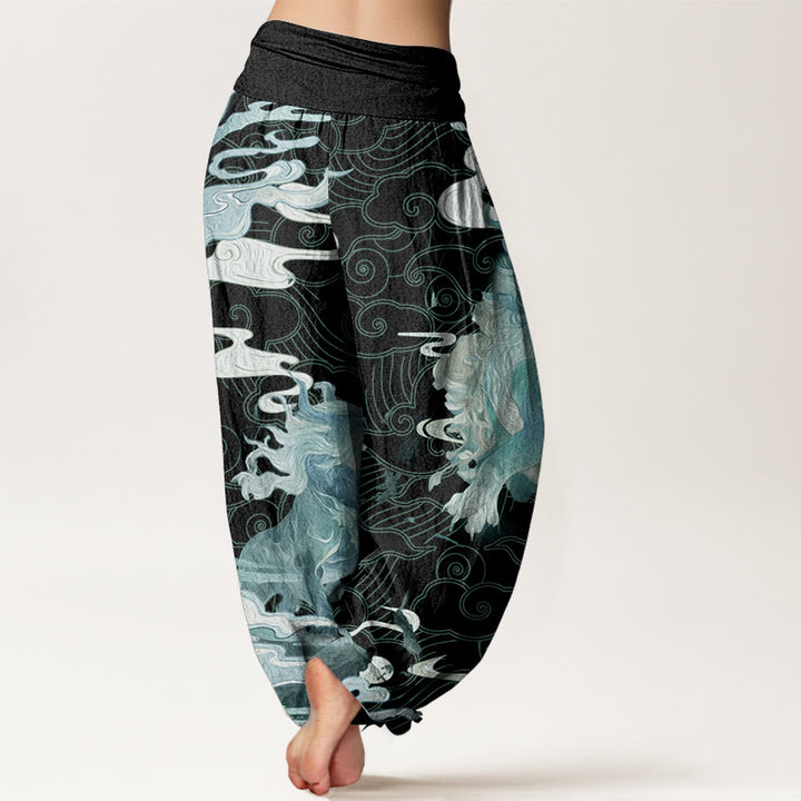 Pantaloni harem da donna in cotone puro con motivo a nuvole di buon auspicio e motivo a vita elastica, modello Buddha Stones PiXiu