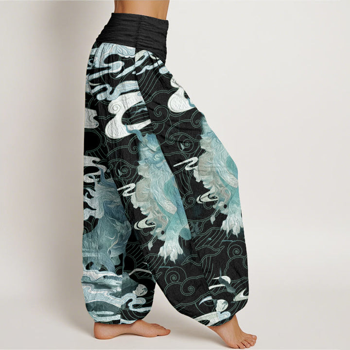Pantaloni harem da donna in cotone puro con motivo a nuvole di buon auspicio e motivo a vita elastica, modello Buddha Stones PiXiu