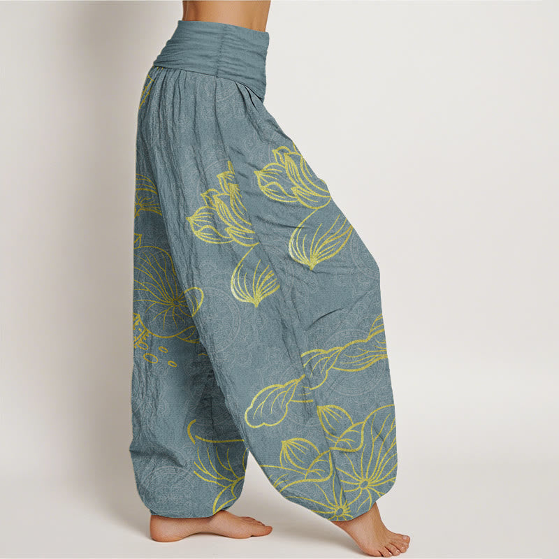 Pantaloni harem da donna con elastico in vita, in puro cotone, con motivo mandala e loto dorato, motivo Buddha Stones