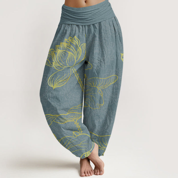Pantaloni harem da donna con elastico in vita, in puro cotone, con motivo mandala e loto dorato, motivo Buddha Stones