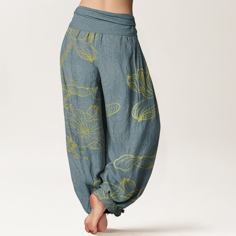 Pantaloni harem da donna con elastico in vita, in puro cotone, con motivo mandala e loto dorato, motivo Buddha Stones