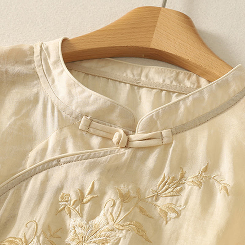 Camicia da donna in cotone con maniche corte, collo alla coreana, bottoni a rana e ricamo Buddha Stones - image 3