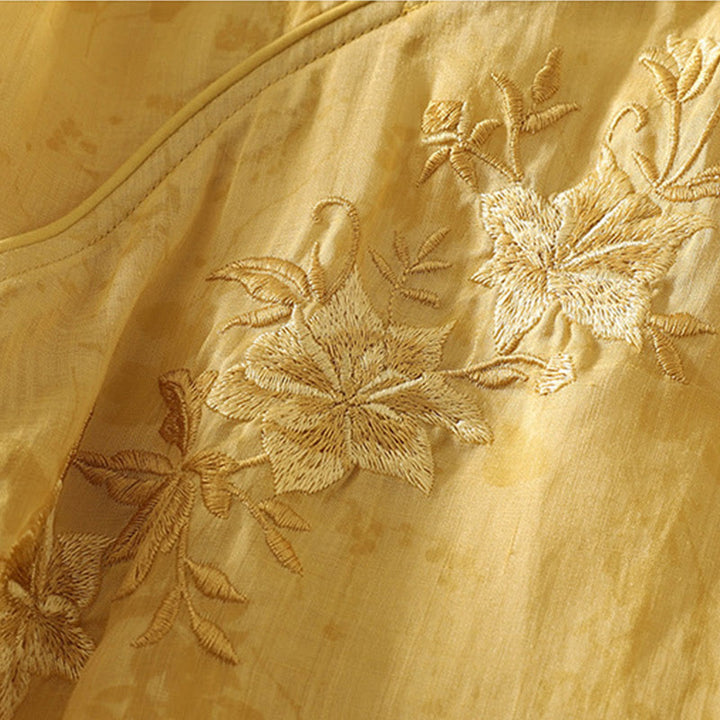 Camicia da donna in cotone con maniche corte, collo alla coreana, bottoni a rana e ricamo Buddha Stones - image 11