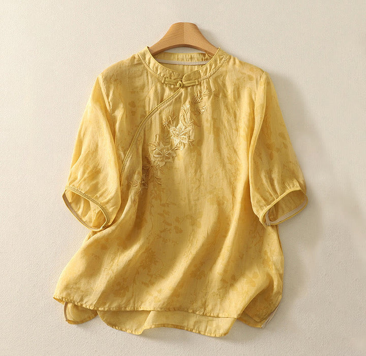 Camicia da donna in cotone con maniche corte, collo alla coreana, bottoni a rana e ricamo Buddha Stones - Oro - US14, UK/AU18, EU46 (2XL) - image 7