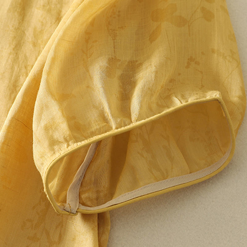 Camicia da donna in cotone con maniche corte, collo alla coreana, bottoni a rana e ricamo Buddha Stones - image 10