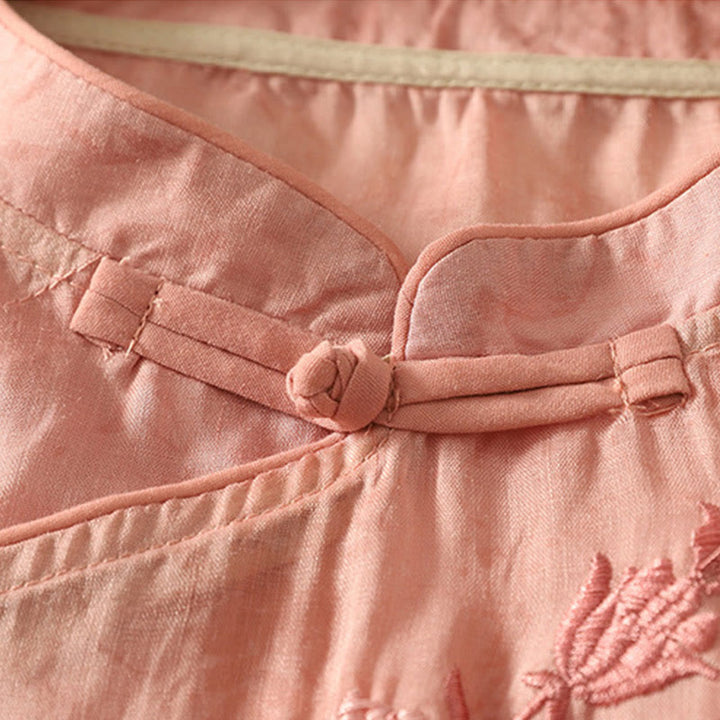 Camicia da donna in cotone con maniche corte, collo alla coreana, bottoni a rana e ricamo Buddha Stones - image 22