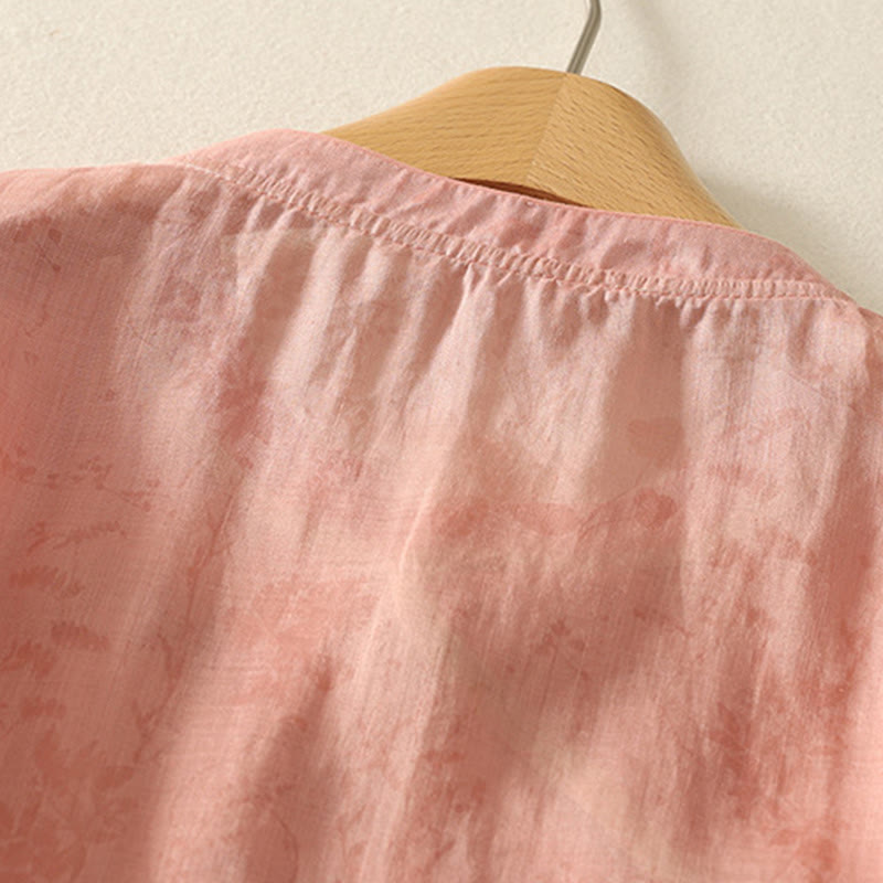 Camicia da donna in cotone con maniche corte, collo alla coreana, bottoni a rana e ricamo Buddha Stones - image 21