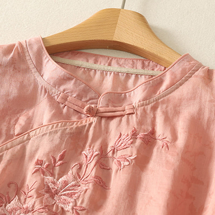 Camicia da donna in cotone con maniche corte, collo alla coreana, bottoni a rana e ricamo Buddha Stones - image 23
