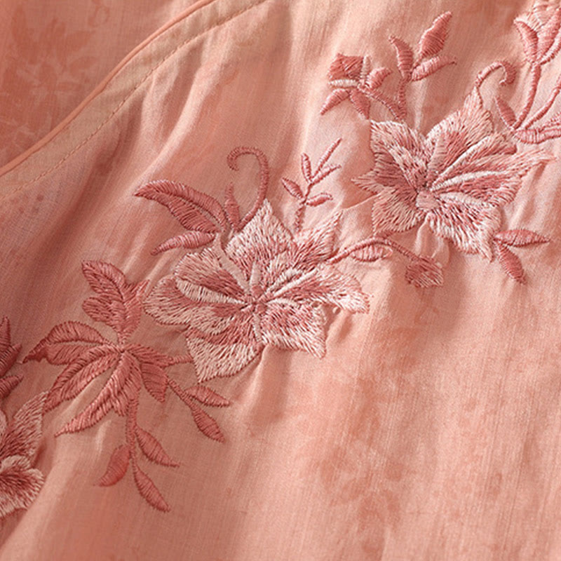 Camicia da donna in cotone con maniche corte, collo alla coreana, bottoni a rana e ricamo Buddha Stones - image 18