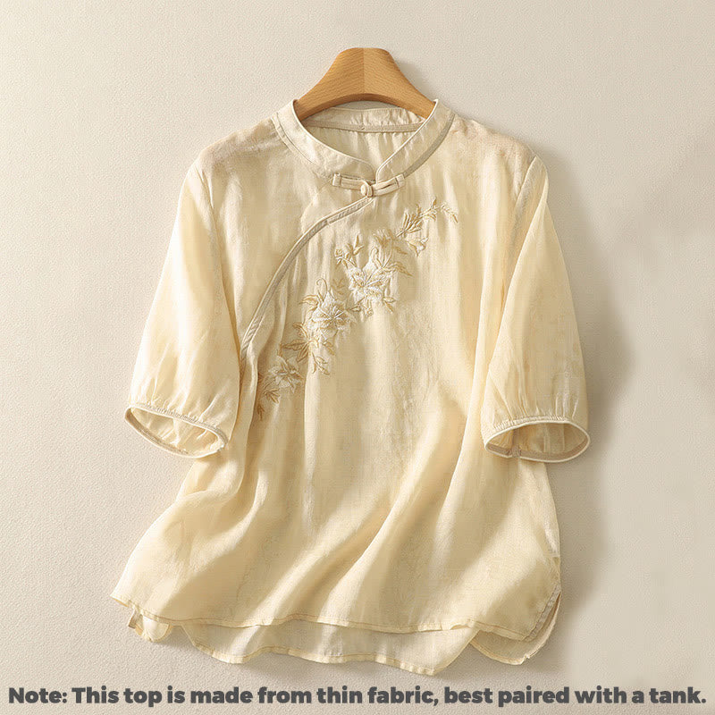 Camicia da donna in cotone con maniche corte, collo alla coreana, bottoni a rana e ricamo Buddha Stones - image 2