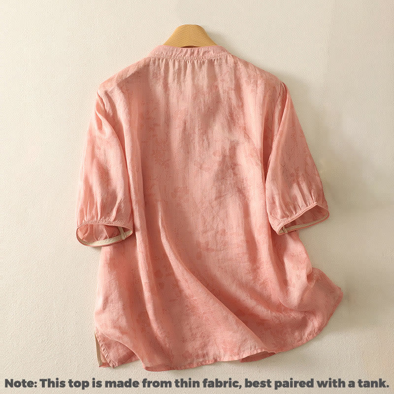 Camicia da donna in cotone con maniche corte, collo alla coreana, bottoni a rana e ricamo Buddha Stones - image 15