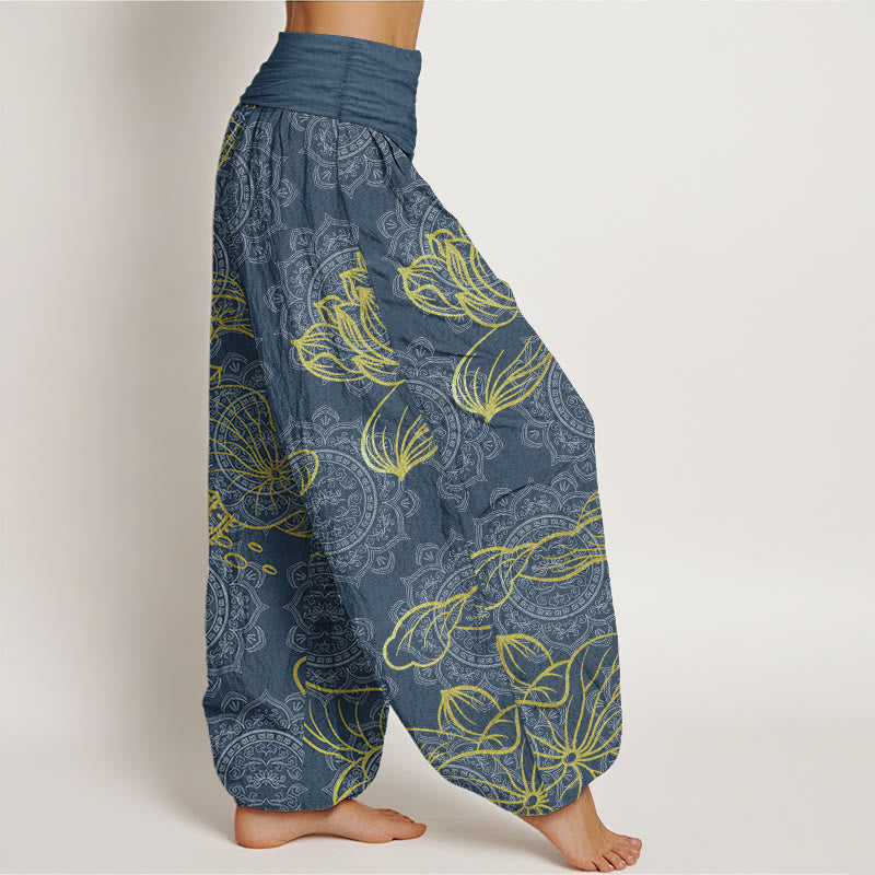 Pantaloni harem da donna con elastico in vita, in puro cotone, con motivo mandala e loto dorato, motivo Buddha Stones