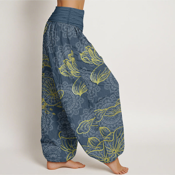 Pantaloni harem da donna con elastico in vita, in puro cotone, con motivo mandala e loto dorato, motivo Buddha Stones