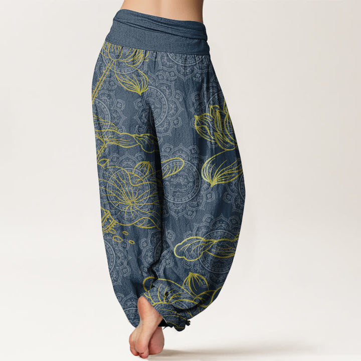 Pantaloni harem da donna con elastico in vita, in puro cotone, con motivo mandala e loto dorato, motivo Buddha Stones
