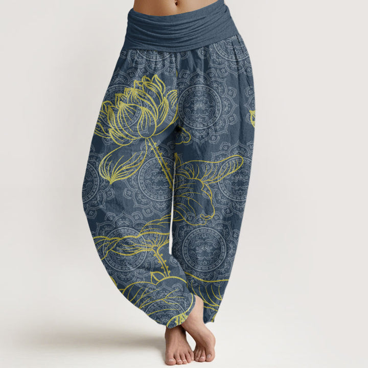Pantaloni harem da donna con elastico in vita, in puro cotone, con motivo mandala e loto dorato, motivo Buddha Stones