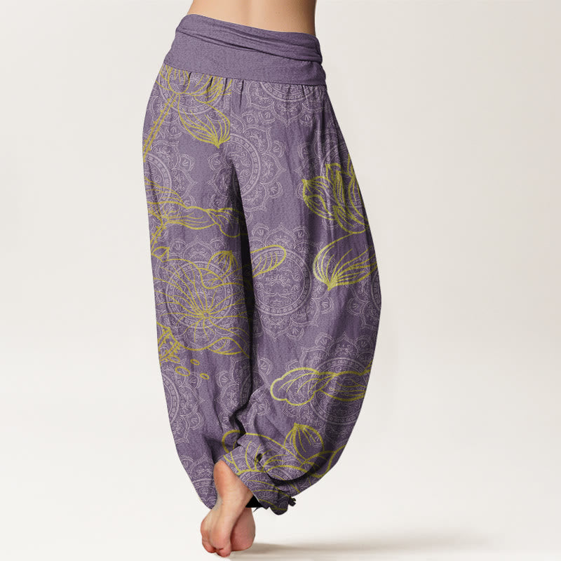 Pantaloni harem da donna con elastico in vita, in puro cotone, con motivo mandala e loto dorato, motivo Buddha Stones