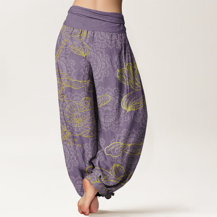 Pantaloni harem da donna con elastico in vita, in puro cotone, con motivo mandala e loto dorato, motivo Buddha Stones