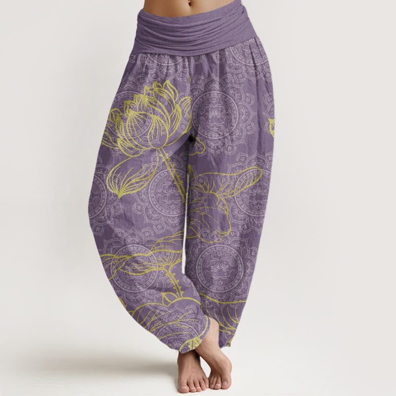 Pantaloni harem da donna con elastico in vita, in puro cotone, con motivo mandala e loto dorato, motivo Buddha Stones