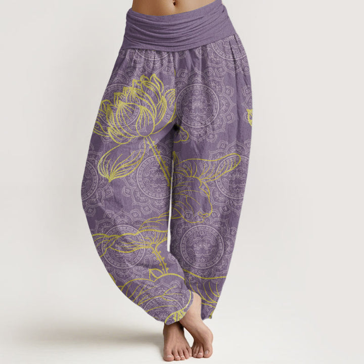 Pantaloni harem da donna con elastico in vita, in puro cotone, con motivo mandala e loto dorato, motivo Buddha Stones