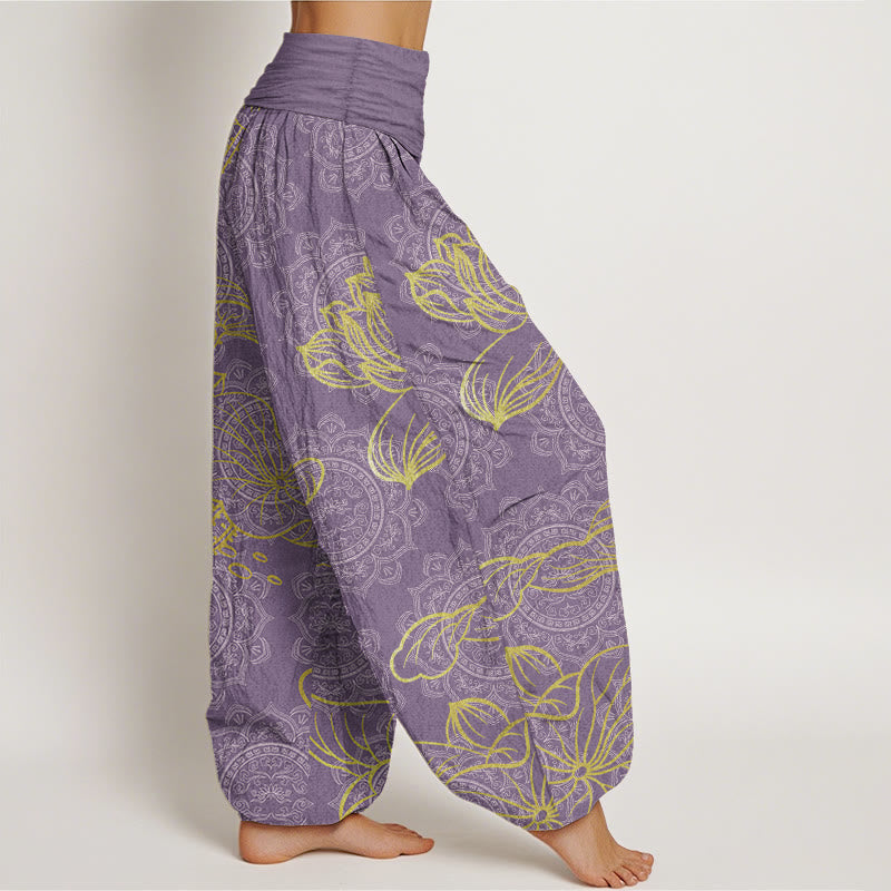 Pantaloni harem da donna con elastico in vita, in puro cotone, con motivo mandala e loto dorato, motivo Buddha Stones