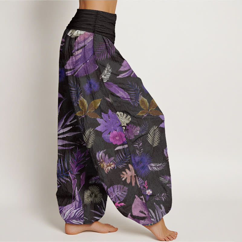 Pantaloni harem da donna con elastico in vita, in puro cotone, con foglie tropicali colorate e Buddha Stones