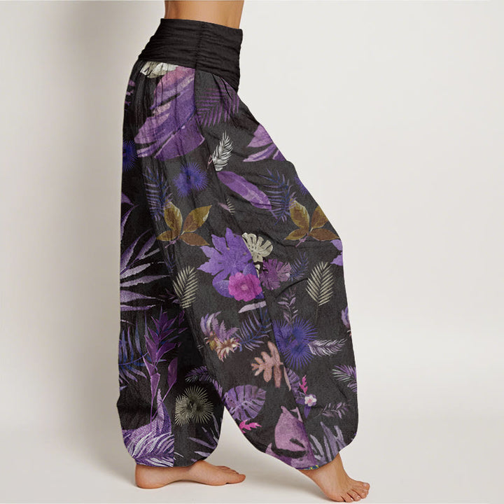 Pantaloni harem da donna con elastico in vita, in puro cotone, con foglie tropicali colorate e Buddha Stones