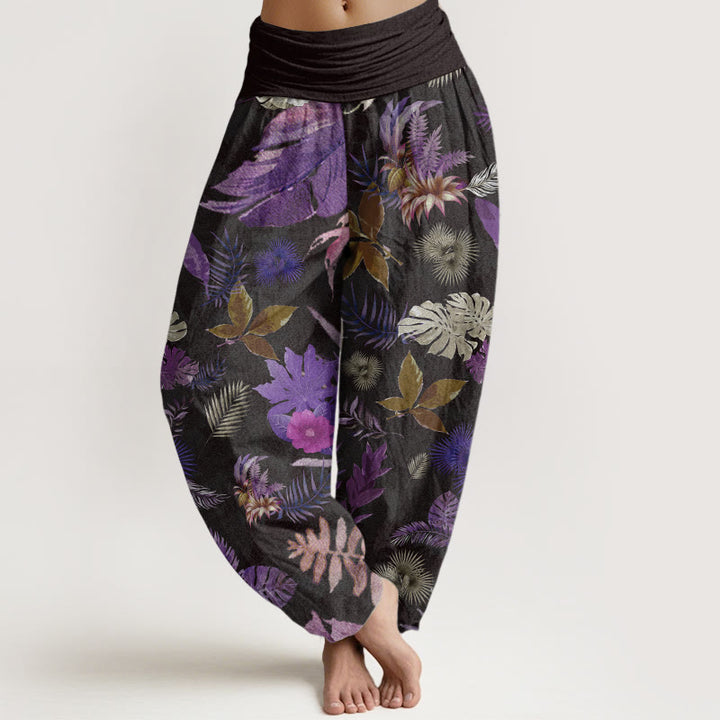 Pantaloni harem da donna con elastico in vita, in puro cotone, con foglie tropicali colorate e Buddha Stones