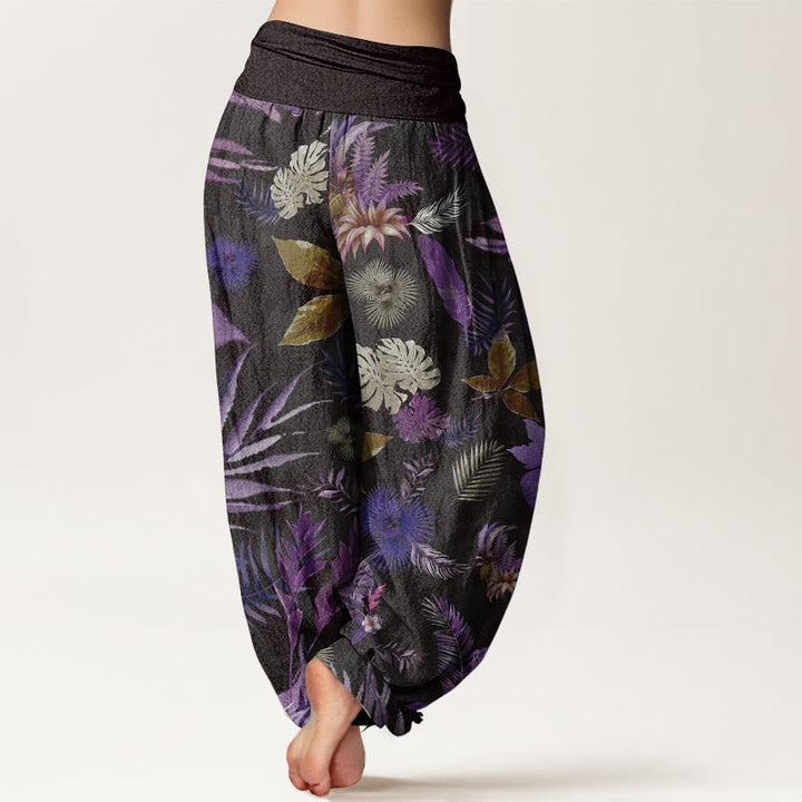 Pantaloni harem da donna con elastico in vita, in puro cotone, con foglie tropicali colorate e Buddha Stones