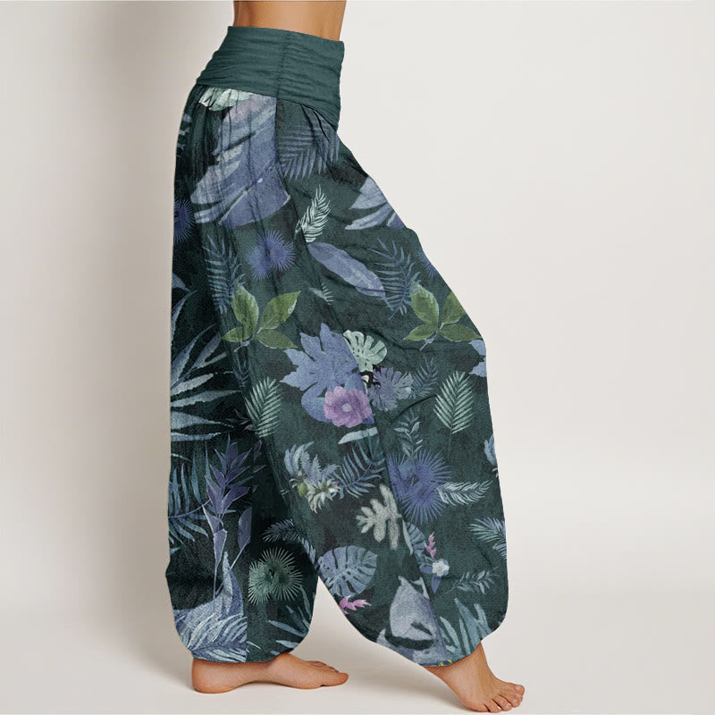 Pantaloni harem da donna con elastico in vita, in puro cotone, con foglie tropicali colorate e Buddha Stones