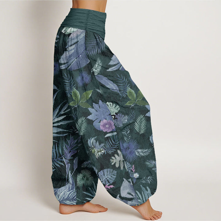 Pantaloni harem da donna con elastico in vita, in puro cotone, con foglie tropicali colorate e Buddha Stones