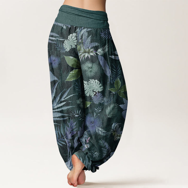 Pantaloni harem da donna con elastico in vita, in puro cotone, con foglie tropicali colorate e Buddha Stones