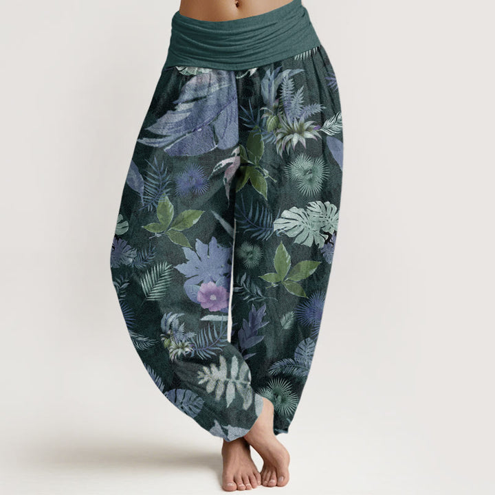 Pantaloni harem da donna con elastico in vita, in puro cotone, con foglie tropicali colorate e Buddha Stones