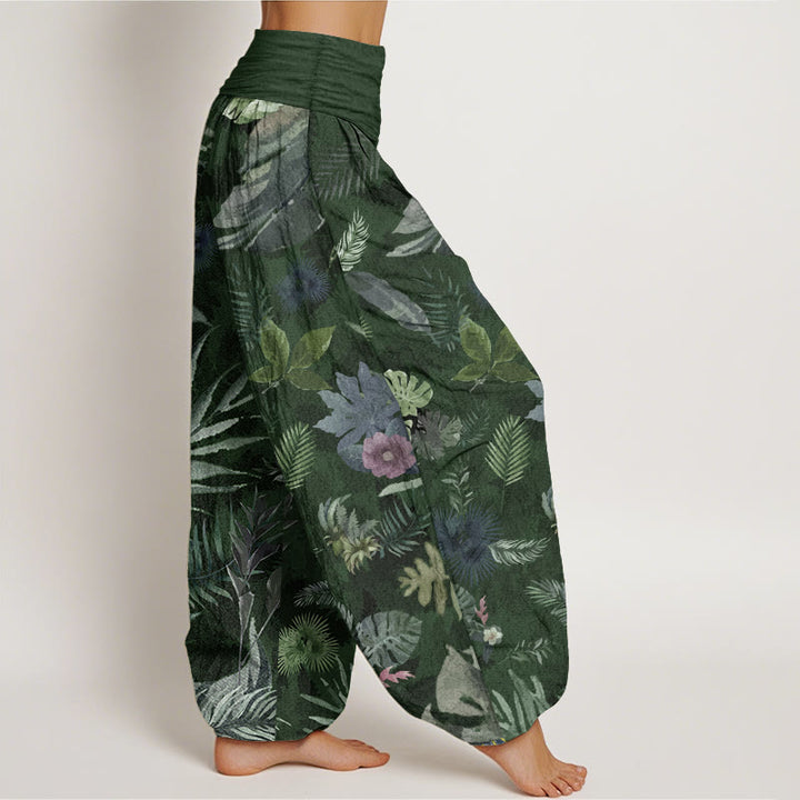 Pantaloni harem da donna con elastico in vita, in puro cotone, con foglie tropicali colorate e Buddha Stones
