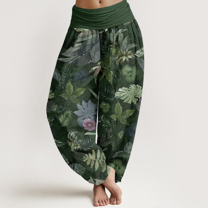 Pantaloni harem da donna con elastico in vita, in puro cotone, con foglie tropicali colorate e Buddha Stones