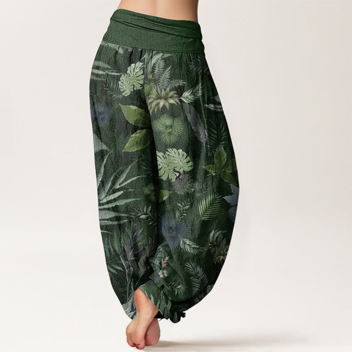 Pantaloni harem da donna con elastico in vita, in puro cotone, con foglie tropicali colorate e Buddha Stones