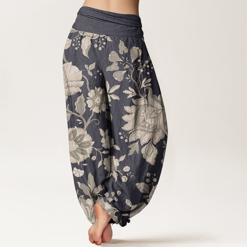 Pantaloni harem da donna in puro cotone con elastico in vita, stile casual, motivo peonia , Buddha Stones