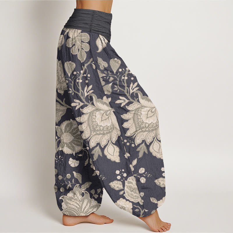 Pantaloni harem da donna in puro cotone con elastico in vita, stile casual, motivo peonia , Buddha Stones