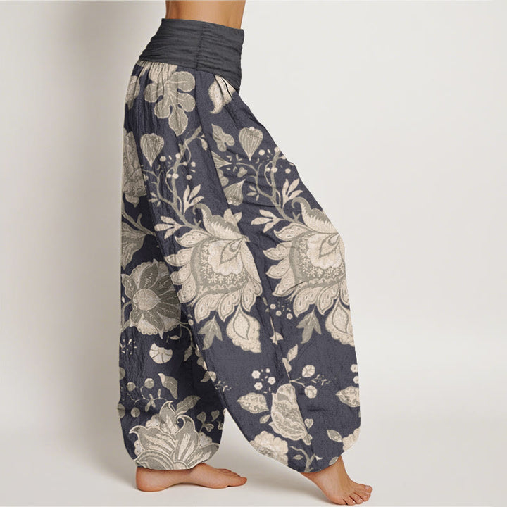 Pantaloni harem da donna in puro cotone con elastico in vita, stile casual, motivo peonia , Buddha Stones