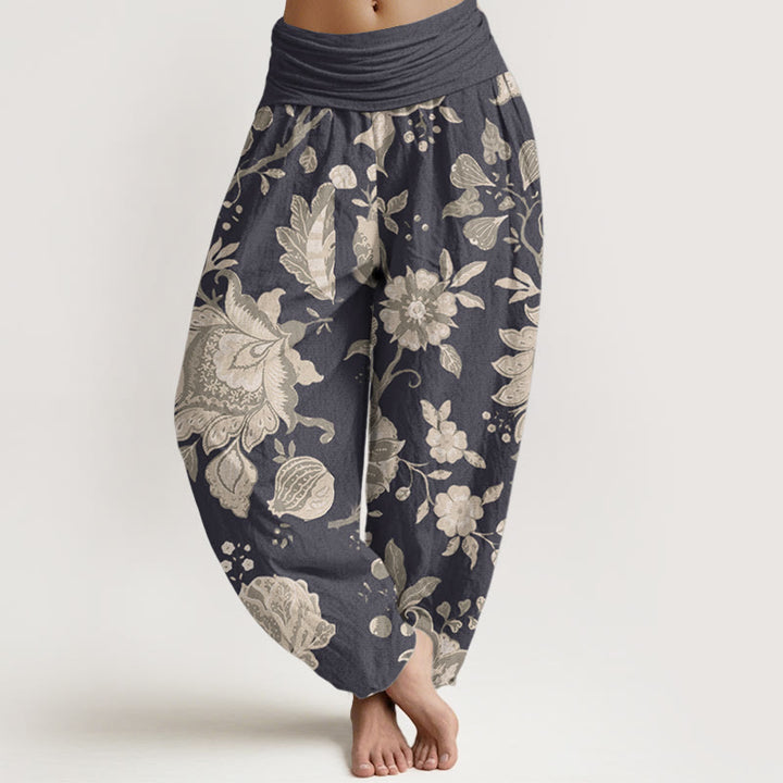 Pantaloni harem da donna in puro cotone con elastico in vita, stile casual, motivo peonia , Buddha Stones