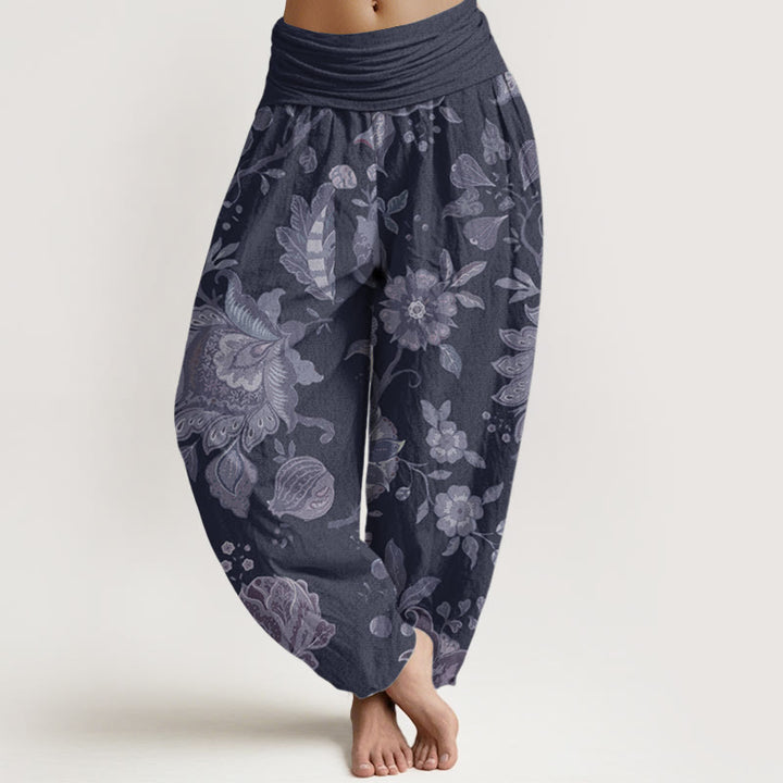 Pantaloni harem da donna in puro cotone con elastico in vita, stile casual, motivo peonia , Buddha Stones