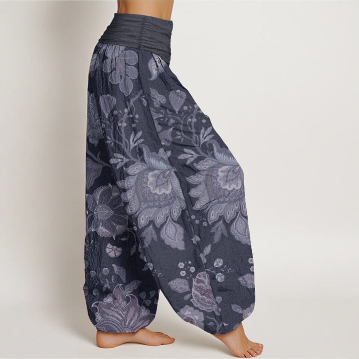 Pantaloni harem da donna in puro cotone con elastico in vita, stile casual, motivo peonia , Buddha Stones