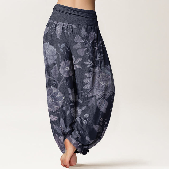 Pantaloni harem da donna in puro cotone con elastico in vita, stile casual, motivo peonia , Buddha Stones